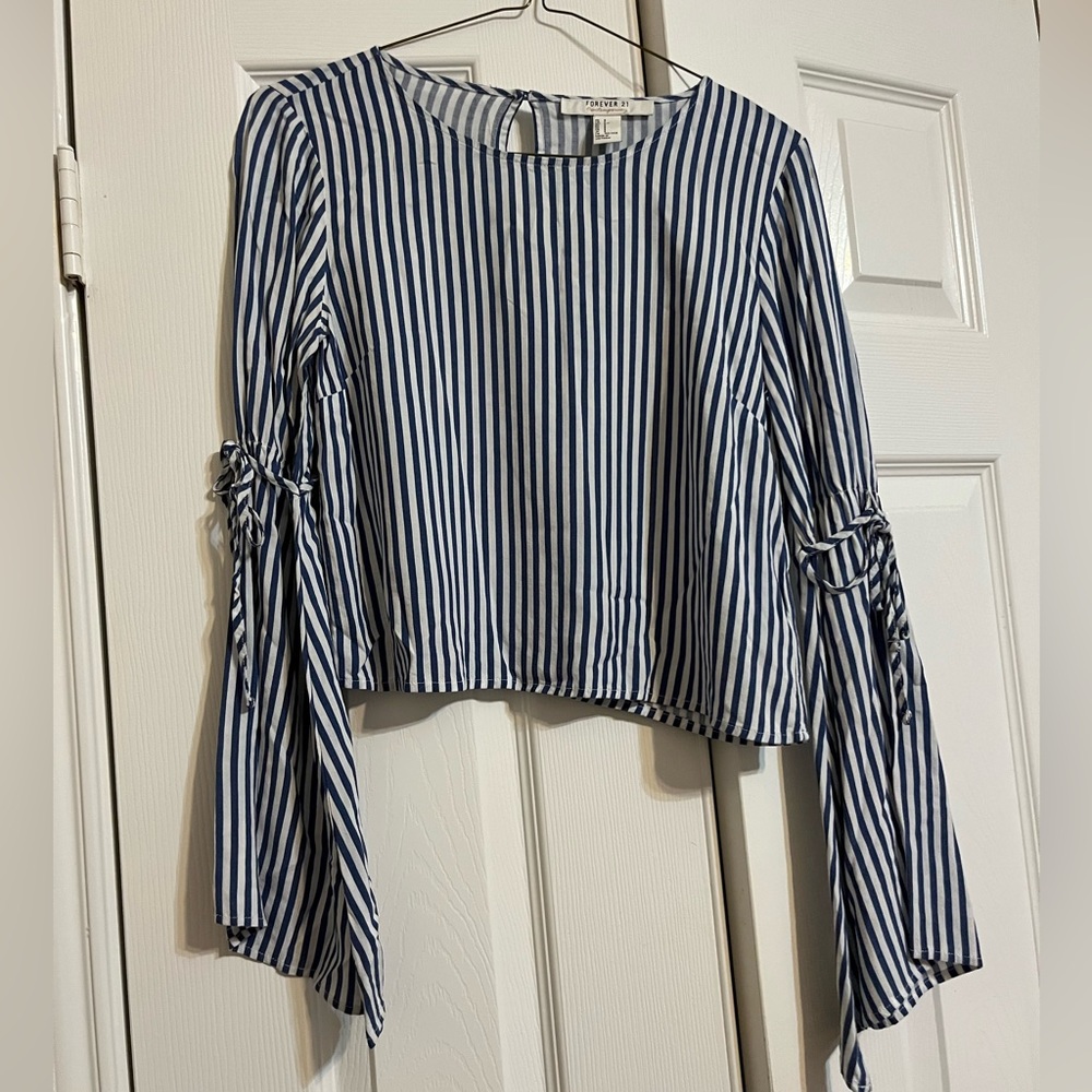 Blue and White Striped Long Sleeved Blouse with Bow Ties
